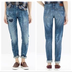 Madewell The Slim Boyjean Rip And Repair Patchwork Boyfriend Jeans Size 29 Blue